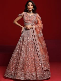 Libas Art - Embroidered Nylon Peach Lehenga with Blouse and Dupatta