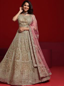 Libas Art - Embroidered Nylon Beige Lehenga with Blouse and Dupatta