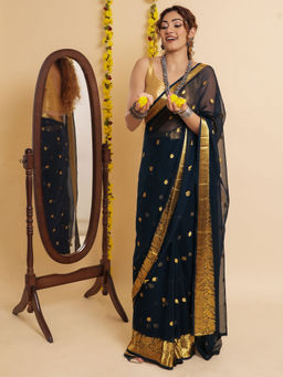 Teejh - Samaro Navy Blue Georgette Ready to Drape Saree with Unstitched Blouse