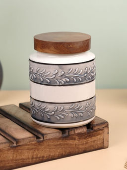 VarEesha - Embossed Ceramic Air Tight Jar With Wooden Lid