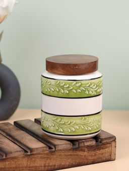 VarEesha - Embossed Ceramic Air Tight Jar With Wooden Lid