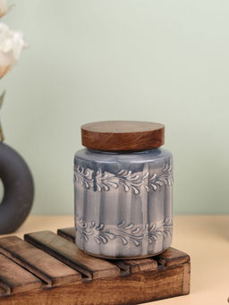 VarEesha - Grey Embossed Ceramic Air Tight Jar With Wooden Lid