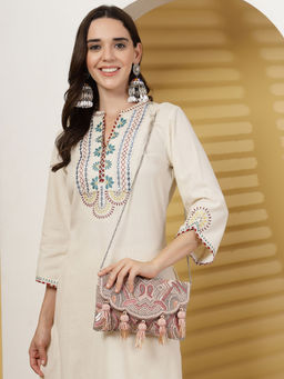 Anekaant - Boho Dusty Pink Abstract Embellished Satin Sling Bag