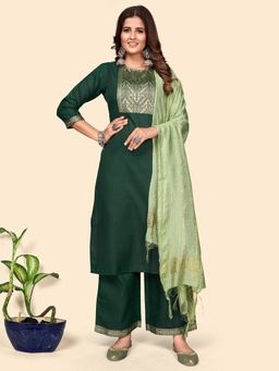 Vbuyz - Women Printed Straight Cotton Blend Green Stitched Kurta Palazzo with Dupatta (Set of 3)