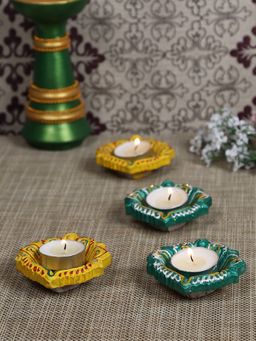 AAPNO RAJASTHAN - Decorated Terracotta Diya In Hues Of Green & Yellow (Pack of 4)