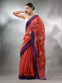 CHARUKRITI - Red Tissue Handwoven Saree with Woven Designs & Unstitched Blouse