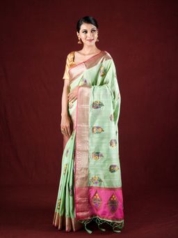 EXCLUSIVA - Green Soft Tussar Silk Saree Meenakari Weaving with Unstitched Blouse
