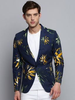 SHOWOFFFF - Mens Printed Notched Lapel Navy Blue Single-Breasted Blazer