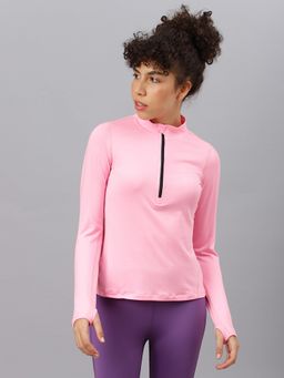 Fitkin - Women Neon Pink Zipper High Neck T-Shirt