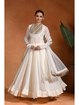 Rishi & Vibhuti - Ivory Aabroo Mirror Work Anarkali with Pant and Dupatta
