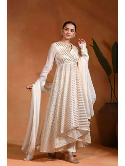 Rishi & Vibhuti - Ivory Masatani Floral Foil Printed Anarkali with Palazzo and Dupatta