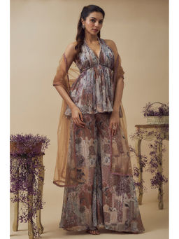 Vana Ethnics - Beige Lurex Chiffon Digital Printed A-Line Top with Palazzo and Dupatta