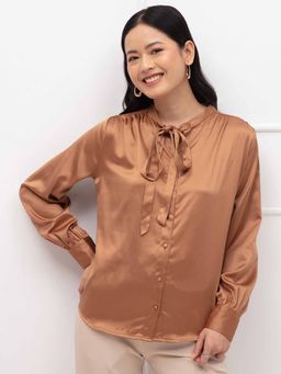 Twenty Dresses by Nykaa Fashion - Brown Solid Collar Neck Satin Shirt