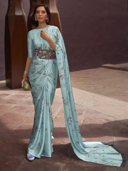 Akhilam - Women Satin Silk Turquoise Digital Print Designer Saree with Unstitched Blouse