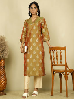 Jaipur Kurti - Olive Floral Comfortable Fit Kurta