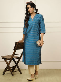 Jaipur Kurti - Teal Self Design Comfortable Fit Kurta