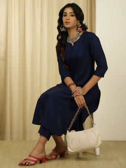 Jaipur Kurti - Navy Blue Solid Kurta with Pant (Set of 2)