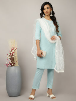 Jaipur Kurti - Blue Embroidered Kurta with Pant and Dupatta (Set of 3)