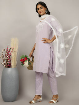 Jaipur Kurti - Lavender Embroidered Kurta with Pant and Dupatta (Set of 3)