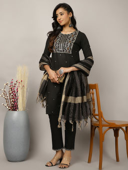 Jaipur Kurti - Black Embroidered Kurta with Pant and Dupatta (Set of 3)