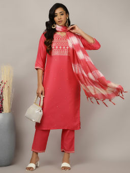 Jaipur Kurti - Coral Embroidered Kurta with Pant and Dupatta (Set of 3)