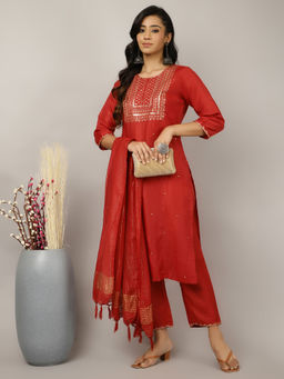 Jaipur Kurti - Red Embroidered Kurta with Pant and Dupatta (Set of 3)