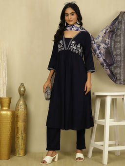 Jaipur Kurti - Navy Blue Embroidered Kurta with Pant and Dupatta (Set of 3)
