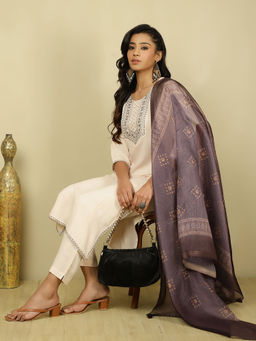 Jaipur Kurti - Beige Embroidered Kurta with Pant and Dupatta (Set of 3)