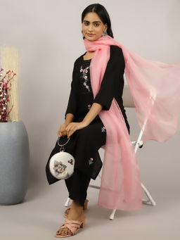 Jaipur Kurti - Black Embroidered Kurta with Pant and Dupatta (Set of 3)