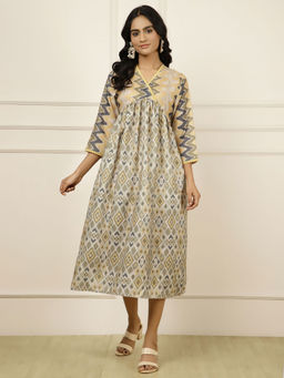 Jaipur Kurti - Mustard Geometric Printed Midi Dress