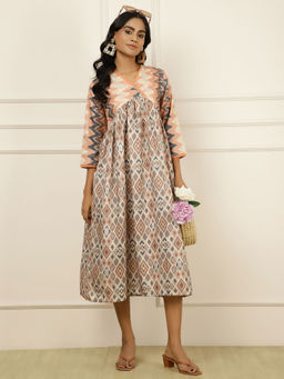 Jaipur Kurti - Peach Geometric Printed Midi Dress