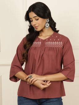 Jaipur Kurti - Maroon Embroidered Gathered Top