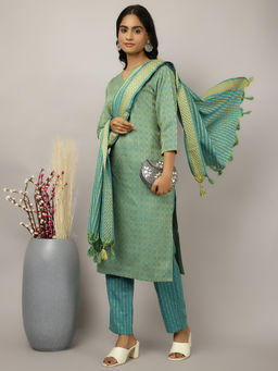 Jaipur Kurti - Sea Green Self-Design Festive Kurta with Pant and Dupatta (Set of 3)