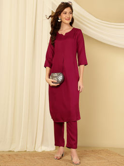 Jaipur Kurti - Purple Solid Straight Kurta with Pants (Set of 2)