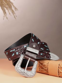 Celtic - Brown and Blue Hand-Tooled Leather Belt