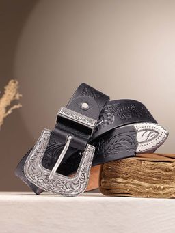 Celtic - Men Leather Black Western Waist Accessory Ornate Buckle Belt