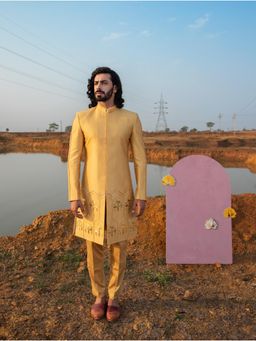 Runit Gupta - Golden Glow Flamingo Sherwani with Pant (Set of 2)