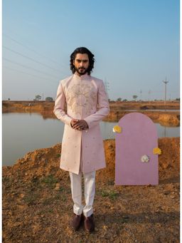 Runit Gupta - Summer Pink Sherwani with Kurta and Pant (Set of 3)