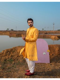 Runit Gupta - Ochre Gold Reindeer Sherwani with Kurta and Pant (Set of 3)