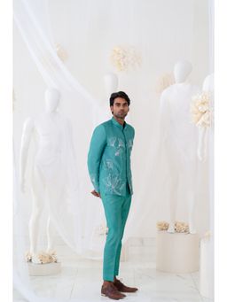 Runit Gupta - Aqua Flora Jodhpuri Jacket and Pant (Set of 2)