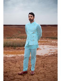 Runit Gupta - Blue Pine Bundi Jacket with Kurta and Pant (Set of 3)