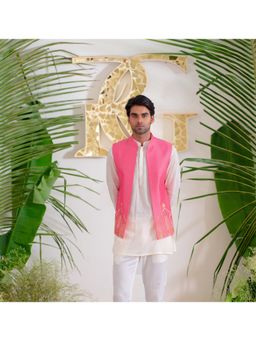 Runit Gupta - Pink Arch Bundi Jacket with Kurta and Pant (Set of 3)