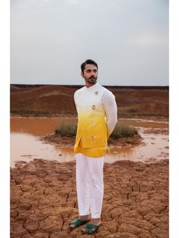 Runit Gupta - Yellow Ombre Bundi Jacket with Kurta and Pant (Set of 3)