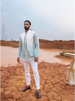 Runit Gupta - Blue Ombre Bundi Jacket with Kurta and Pant (Set of 3)