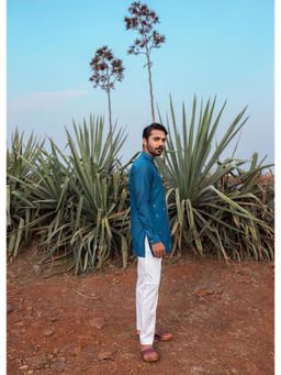 Runit Gupta - Navy Blue Abstract Short Kurta with Pant (Set of 2)