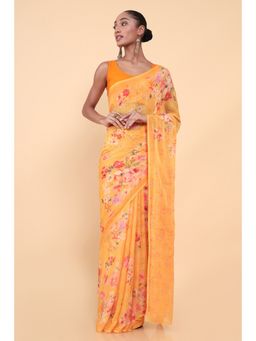 Soch - Women Orange Chiffon Floral Saree with Unstitched Blouse
