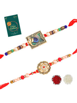 Estele - Gold Plated Peacock Gehena Rakhis with Roli Chawal & Greeting Card