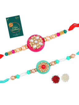 Estele - Gold Plated Multicolor Gehena Rakhis with Roli Chawal & Greeting Card