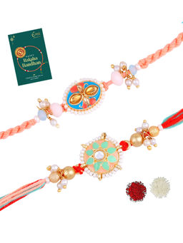 Estele - Gold Plated Multicolor Gehena Rakhis with Roli Chawal & Greeting Card