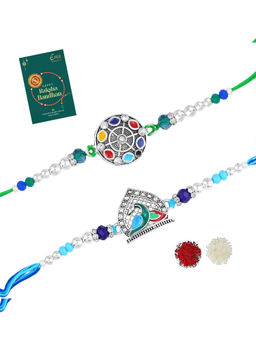Estele - Silver Oxidized Plated Gehena Rakhis with Roli Chawal & Greeting Card